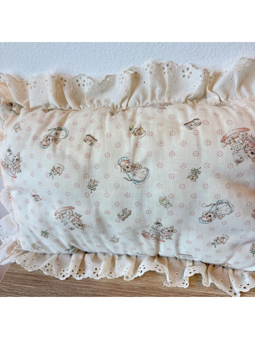 Vintage Nursery Pillow Mice Rocking Horse Eyelet Lace Ruffle Cottagecore Gift